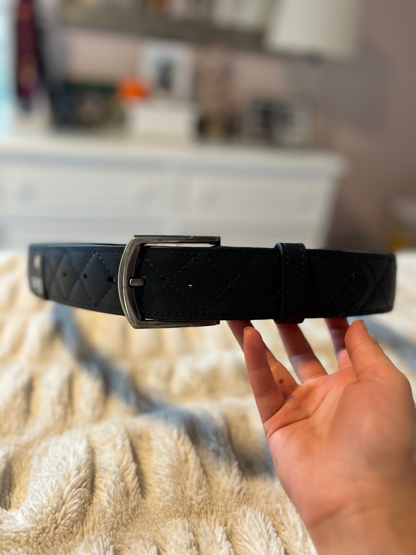 Navy quilted leather belt